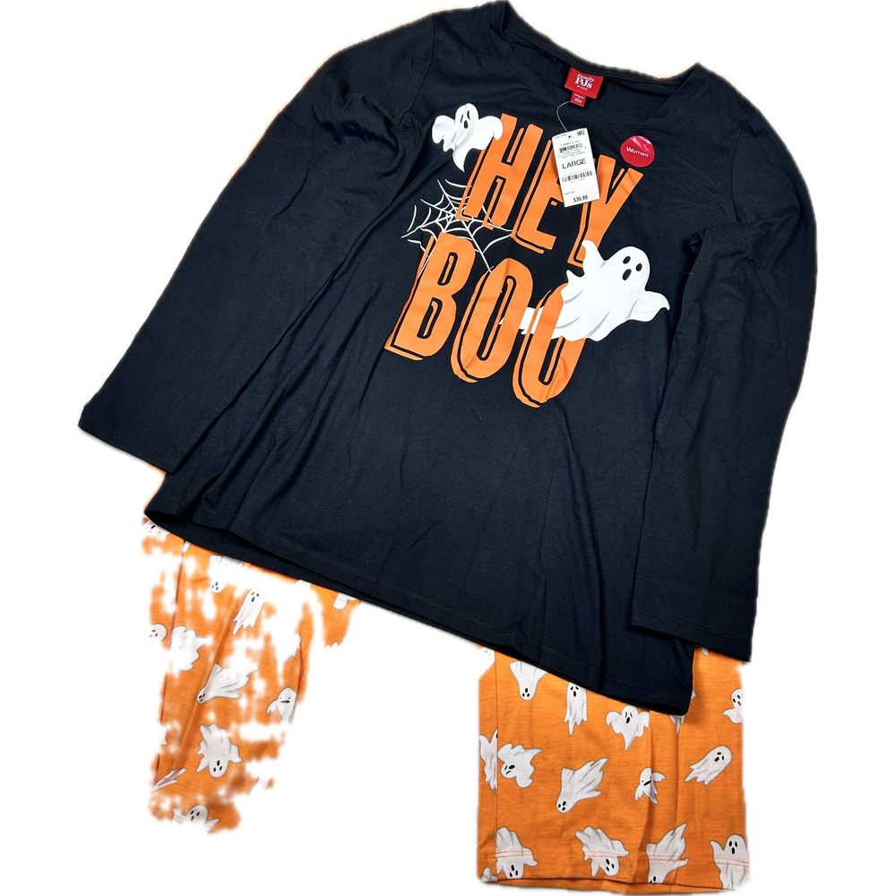 Womens Halloween Hey Boo Ghost Pajama Set Black Orange Large